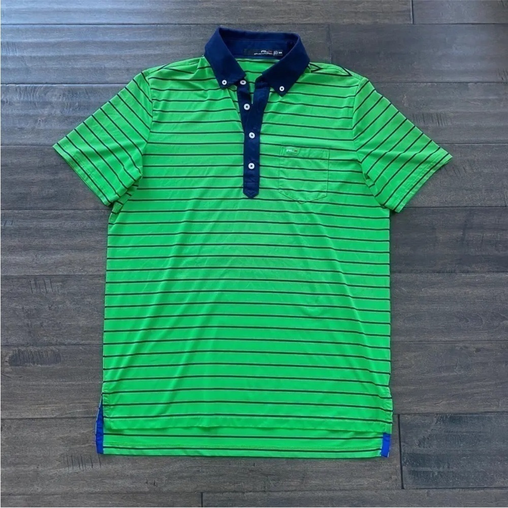 RLX Ralph Lauren Mens Sz M Green Navy Striped Stretch Golf Polo Shirt
